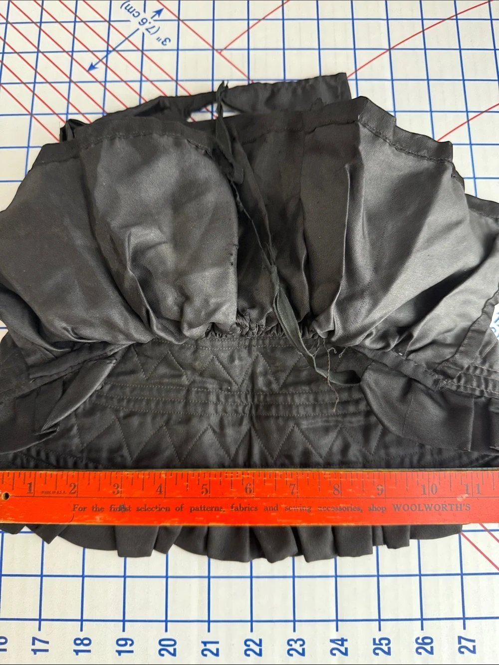 Vintage 1940s Black Satin Bonnet Quilted Ruffle Prairie Victorian Style Costume